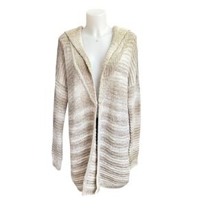 Michael Kors Striped Neutral Chunky Knit Wool Blend Long Cardigan W/ Hood Medium